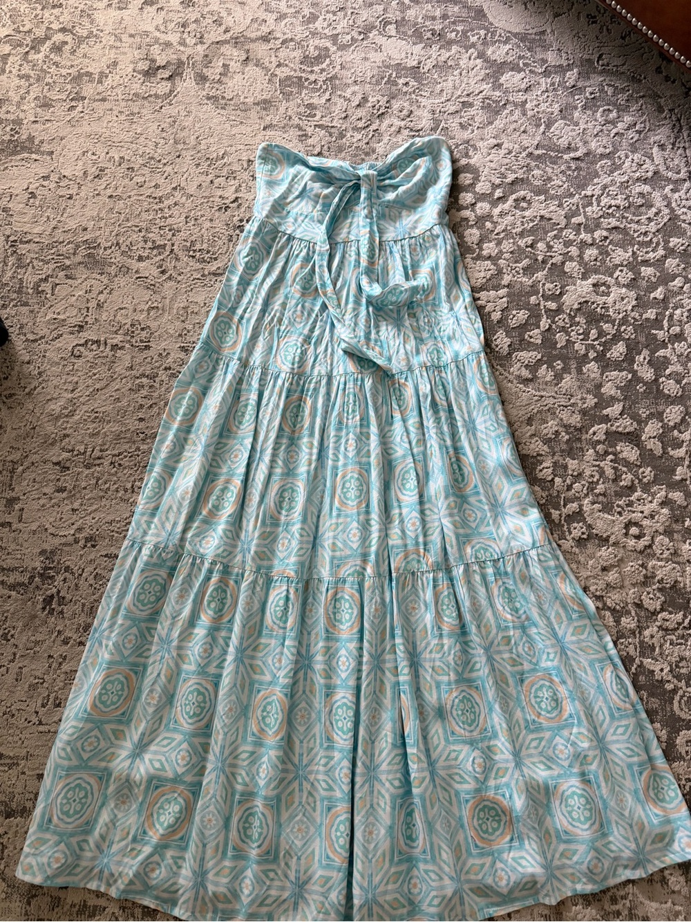 Kenny Flowers Aqua Patterned Strapless Maxi Dress
